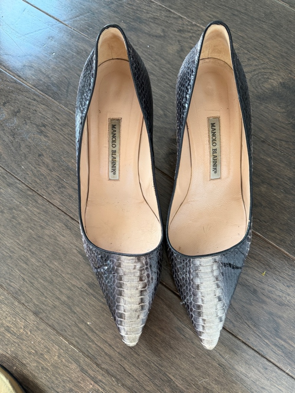 Manolo Blahnik Brown Python-Effect Pointed Toe Kitten Heels - Picture 3 of 13